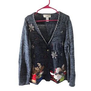 Vintage Tiara Ugly Christmas Sweater Cardigan Women’s 2 XL Santa Rudolph Holiday